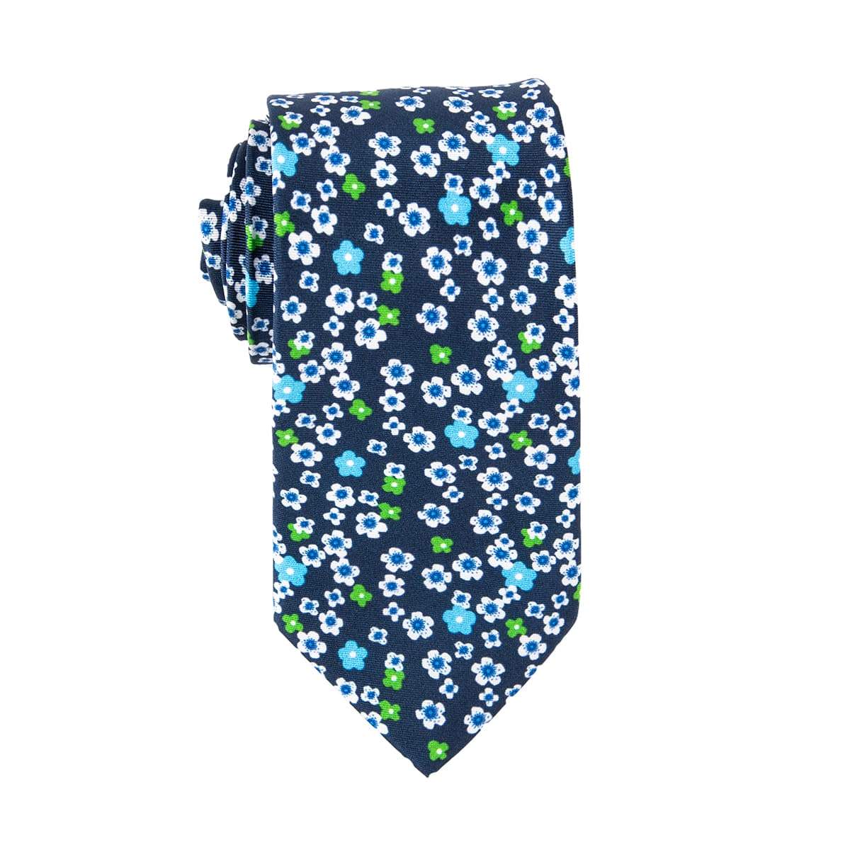 Navy Tie with Mini White, Light Blue, and Green Floral Design